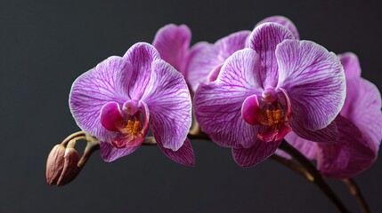 Obraz premium Elegant pink orchid blossoms against dark backdrop create a serene, captivating moment perfect for wellness and spa designs