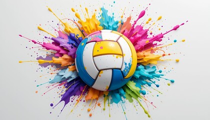 Vibrant volleyball surrounded by dynamic colorful paint splashes on white background