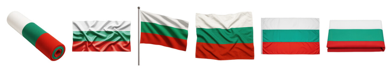 Obraz premium Bulgarian flag set including rolled, draped, on flagpole, flat lay, and stretched variations isolated. National symbol and country representation.