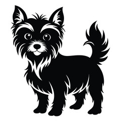 Stylized black silhouette of a furry Yorkshire Terrier puppy with playful expression