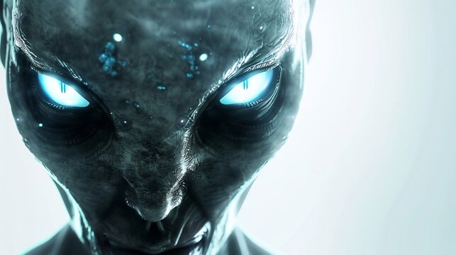 Intense gaze of an otherworldly being with piercing blue eyes and textured skin close-up