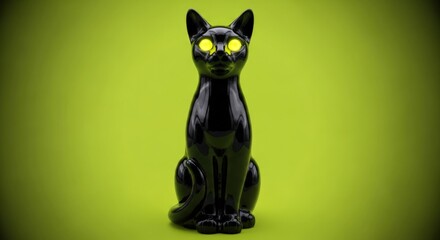 Shiny black cat figurine with glowing yellow eyes on green background