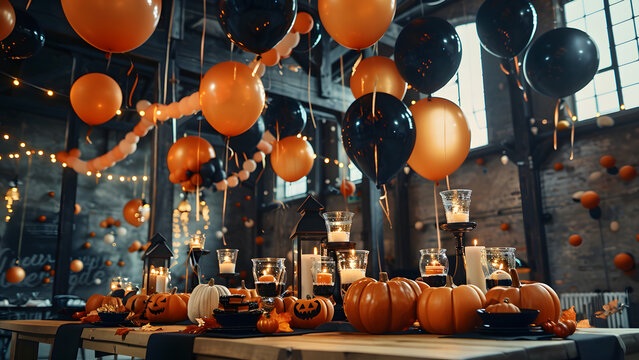 Halloween balloons with garland and festive pumpkins, party decoration