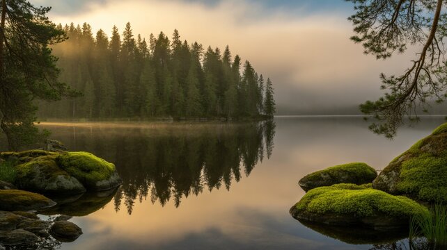Discover a serene lake scene with trees reflected in the calm water at sunrise or sunset