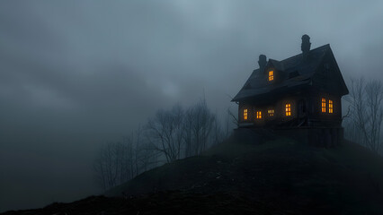 Haunted mansion with glowing windows at night, spooky scene