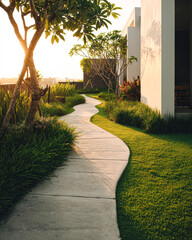 Obraz premium A serene pathway bordered by lush greenery and trees, leading towards a modern architecture, illuminated by soft sunset light.