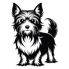 Stylized Black and White Illustration of a Yorkshire Terrier Dog Standing Alertly