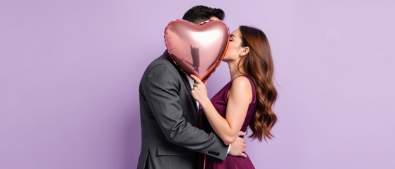 Couple shares romantic moment, hiding behind heart shaped balloon, expressing love and affection against soft purple background