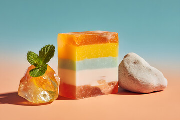 Layered soap with mint and stones orange yellow