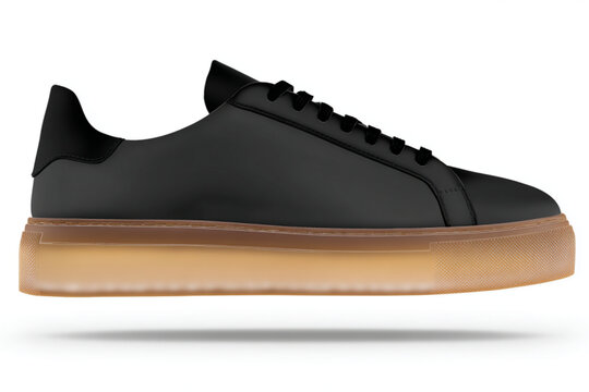 Black sneaker with gum sole, minimalist design perfect for casual wear, fashion catalogs, and online product listings.