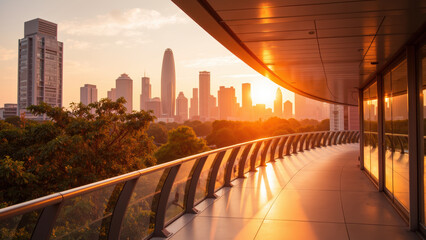 Fototapeta premium Stunning sunset view over modern city skyline, showcasing tall buildings and curved balcony. warm light creates serene atmosphere