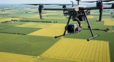Medium shot of a drone capturing highresolution satellite images over vast agricultural fields for AIdriven yield prediction analysis.