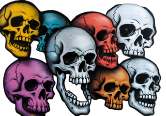 Colorful Spray Painted Skulls Illustration on Transparent Background