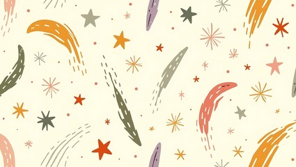 A seamless pattern of hand-drawn colorful stars. A whimsical cartoon background with warm, muted tones for kids, nursery, and childish themes. Generative Ai.