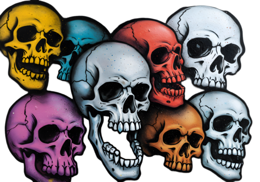 Colorful Spray Painted Skulls Illustration on Transparent Background