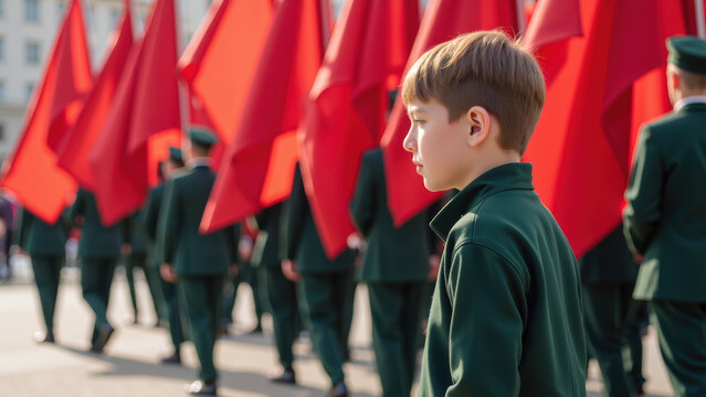 Young boy stands in profile, observing parade with red flags waving in background. scene captures moment of reflection amidst vibrant celebration