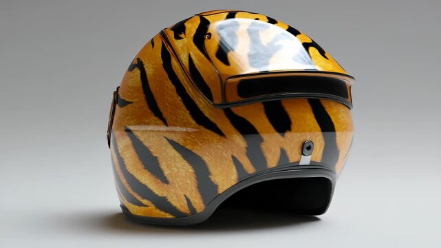 Helmet with tiger pattern on grey background, rotating in frame