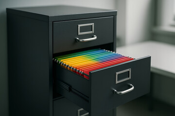 Organized office cabinet with rainbow colored folders neatly arranged in open metal drawer modern interior
