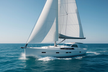 Fototapeta premium Luxury white sailing yacht cruising ocean waves under clear blue sky with full sails open smoothly