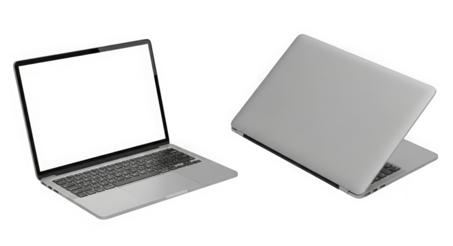 Modern gray laptop open and closed showing sleek design for technology and business use minimalist presentation transparent background