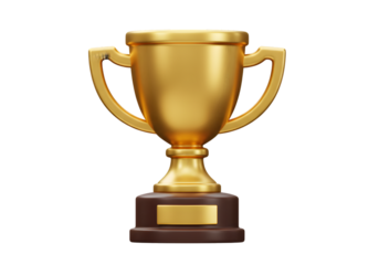 Golden 3D Rendered Trophy On Brown Base Isolated On Transparent Background