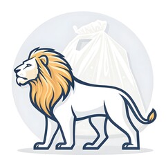 White Lion Vector Illustration with Golden Mane and Trash Bag