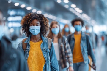 A group of young people wearing protective face masks, walking through a modern airport terminal during the coronavirus pandemic, showcasing safe travel and health awareness.