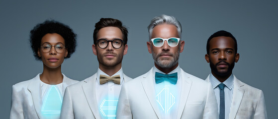 Business meeting, hologram and futuristic: Diverse group with confidence shows collaboration, expressions convey sense of empowerment, showcasing unity and style