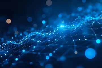 A futuristic, abstract visualization of a digital data network. The glowing blue wavy line and connected dots over a dark, blurred background represent technology, big data, and a modern digital lands
