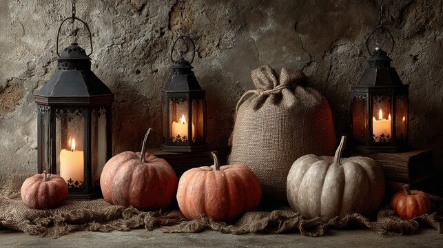 Halloween photoshoot close up with pumpkins and burning candles and lambada
