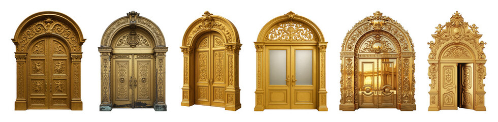 Obraz premium Ornate gold door set including grand, antique, elegant, carved, and arched styles isolated. Luxury entrance and architectural elements.
