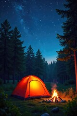 A crackling campfire under a starlit summer sky, illuminating a tent pitched in a lush green forest Perfect for summer camping adventures and outdoor recreation , wilderness, night, leaves