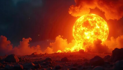 A fiery explosion of a fireball engulfing the darkness, intense heat and bright light radiating outwards Perfect for fantasy, sci-fi, destruction, and power concepts , fireball, night