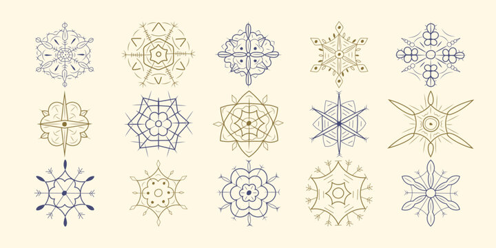 A set of elegant monochrome snowflakes in a minimalist style. Various geometric symmetrical shapes and patterns. Suitable for winter cards, packaging, textiles and holiday designs. - Powered by Adobe
