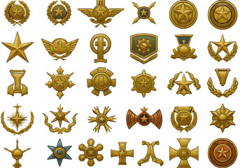 Golden Awards And Badges Collection Illustration Isolated On Black Background