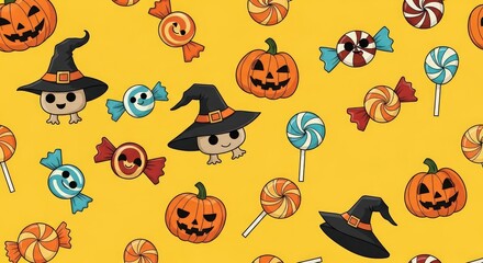 Fototapeta premium Seamless pattern with pumpkins, candies, and witch hats on yellow background