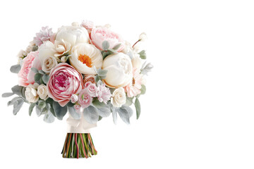 Obraz premium A Delicate Floral Arrangement of Soft Pink White Peonies and Roses, Accented with Greenery Perfect Bridal Bouquet PNG no background