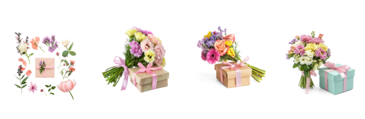 Collection of flat lay Mother Day gift box with flowers arranged around it, creating a balanced and beautiful scene. full length isolate on transparent background