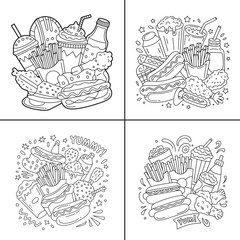 Fast Food Vector Illustration – Burgers, Fries, Drinks and Snacks Line Art Design
