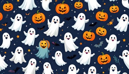 Halloween themed pattern with pumpkins, ghosts, bats.