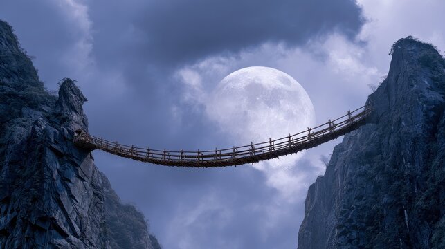 Ancient bridge spans a deep canyon under a luminous full moon