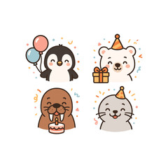 Cute animal party scene with penguin, bear, walrus, and seal celebrating with balloons and cake