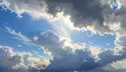 A vast expanse of a vibrant blue sky, dotted with fluffy cumulus clouds, showcasing a beautiful array of shapes and textures, highlighting the sun's rays piercing through the clouds, creating a...