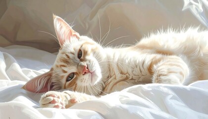 Obraz premium A serene cream-and-tawny kitten rests peacefully on a sheer white bed, bathed in soft sunlight.