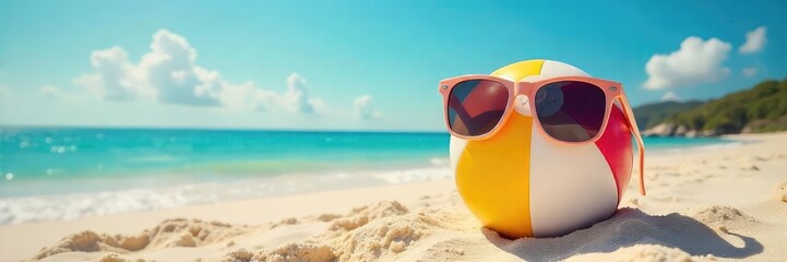 A sandy beach scene with comically oversized sunglasses perched atop a beach ball, creating a humorous juxtaposition The bright sun adds to the lighthearted feel , funny summer, yellow, whimsical