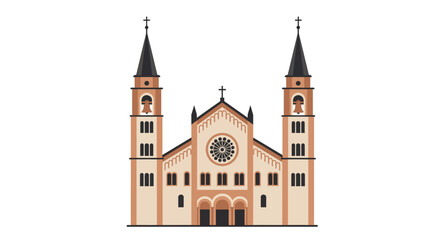 Naklejka premium Illustrated Cathedral Facade with Twin Bell Towers and Rose Window.