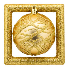 Golden Christmas Ornament Inside Square Frame Isolated On Transparent Background