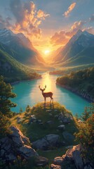 Majestic deer silhouetted against a fiery sunset over a serene lake