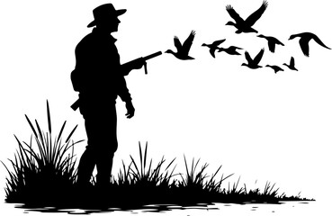 Silhouette of Hunter Using Duck Call with Flying Ducks"