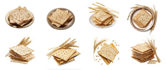 Collection of Matzah is placed on the Seder plate to represent unleavened bread. full length isolate on transparent background